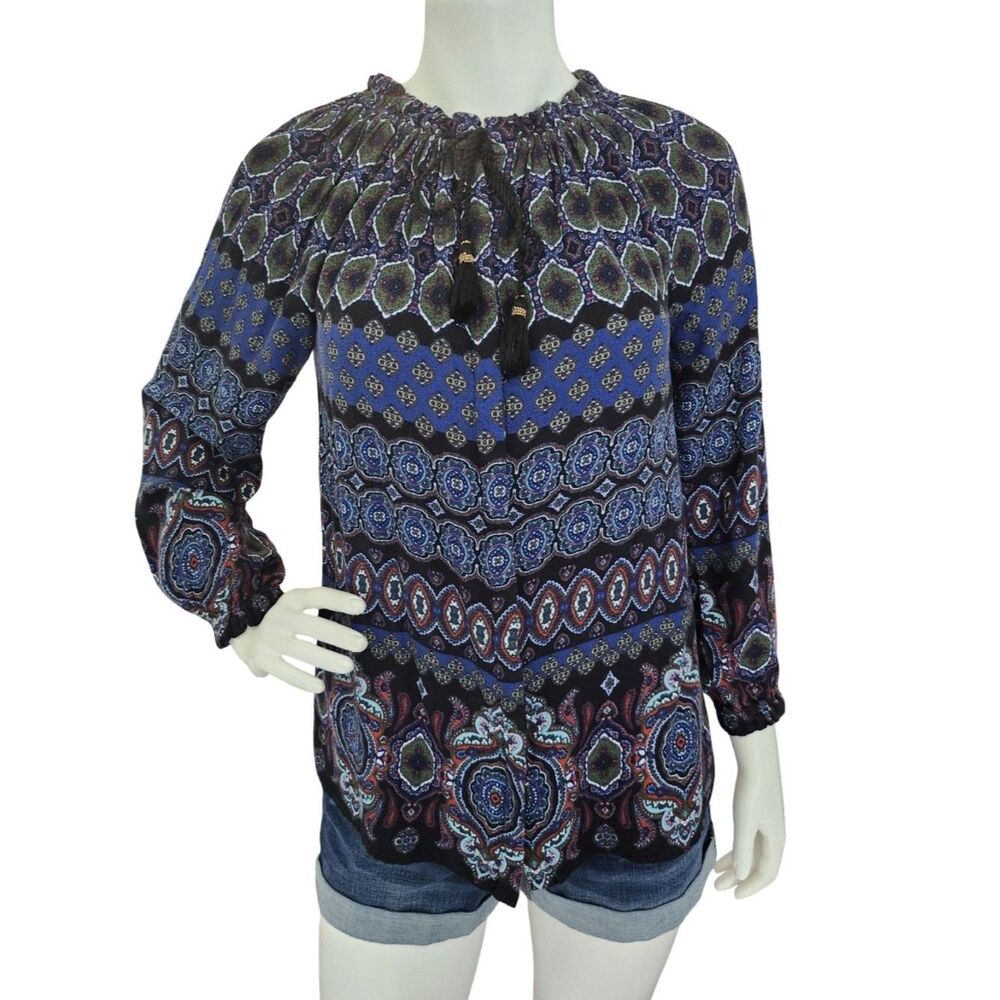 Nine West Jeans Darla Paisley Peasant Blouse Blue Black Smocked Boho
